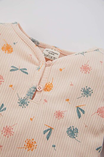 DeFacto Kız Bebek Çiçekli Uzun Kollu Fitilli Kaşkorse Pijama Takımı B9237A524SP