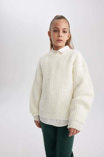 DeFacto Girl's Crew Neck Basic Plain Knitwear Sweater A6014A823Wn