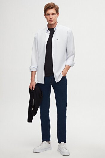 D'S Damat Ds Damat Slim Fit Açık Mavi Oxford Düğmeli Yaka Kolay Ütülenebilir Nakış Detaylı Pamuklu Gömlek