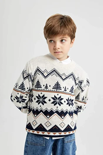 DeFacto Boy's New Year's Themed Crew Neck Sweater B2250A823Cw