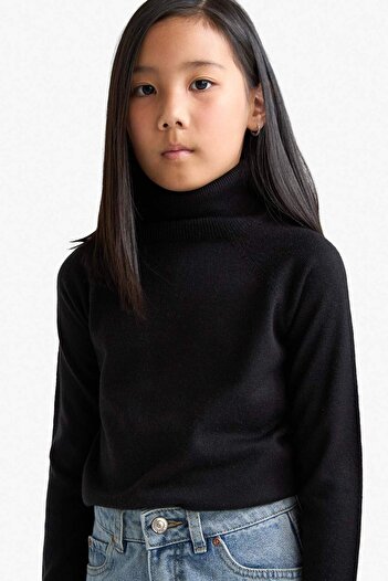 DeFacto Girl's Turtleneck Black Basic Plain Sweater R1953A623Wn