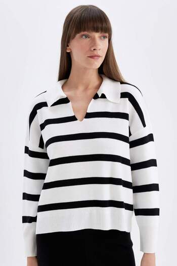 DeFacto Relax Fit Polo Neck Striped Knitwear Sweater A3861Ax23Wn