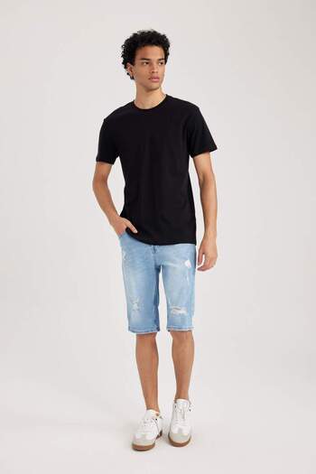 DeFacto 100% bavlna Slim Fit Slim Fit Crew Neck Basic Jednobarevné tričko s krátkým rukávem B0653AXNS