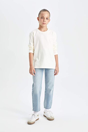 DeFacto Girls' Gray Crew Neck Combed Cotton Long-Sleeved School T-Shirt U6810A623Au