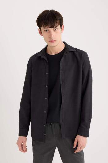 DeFacto Slim Fit Slim Fit Cotton Basic Plain Long Sleeve Black Shirt A4644Ax23Au