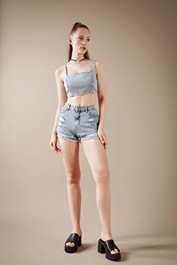 DeFacto Crop Square Neck 100% Cotton Jean Blouse A8524Ax23Hs