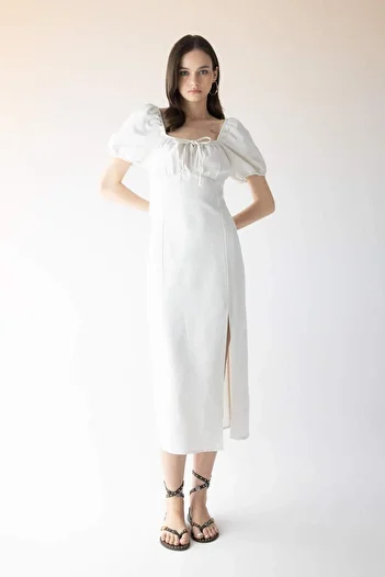 DeFacto A-Line Smocked Neckline Slit White Linen Short Sleeve Midi Dress B0128Ax23Sm