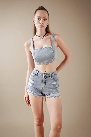 DeFacto Crop Square Neck 100% Cotton Jean Blouse A8524Ax23Hs