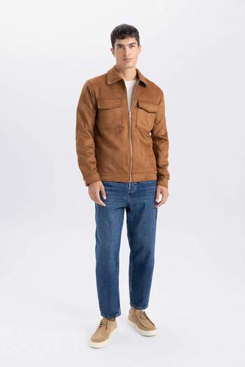 DeFacto Slim Fit Polo γιακά με φερμουάρ που κλείνει με λεπτομέρεια τσέπης Εποχιακό σουέτ παλτό Y5362AZ23SP
