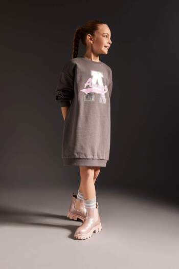 DeFacto Girls' Crew Neck Printed Long Sleeve Sweat Dress Z4933A623Sp