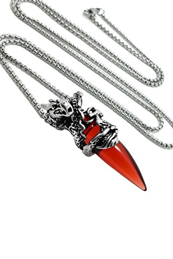 Chavin Dragon Red Long Chain Men's Steel Necklace dm65kr