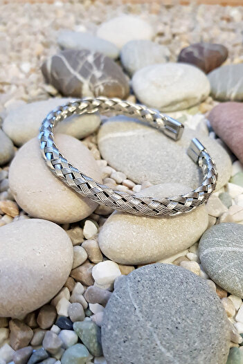 Chavin 6 Mm. Gray Braid Handcuff Steel Men's Bracelet Ec53By
