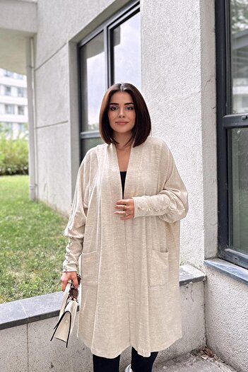 NEW LAVİVA Women's Beige Plain Shawl Collar, Long Sleeve, Button Detailed Slit Soft Textured Long Oversize Cardigan