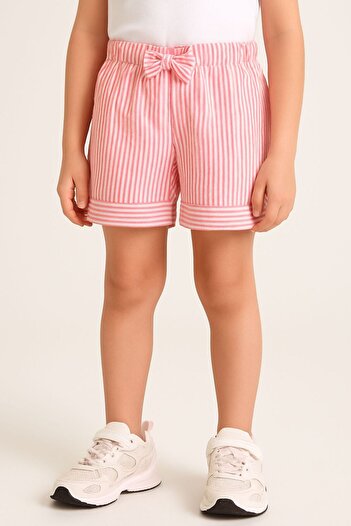 ESİLA KİDS Girls' Summer Shorts Striped Bow Casual Cut Cotton Double Long Bermuda Shorts 3-6 Years