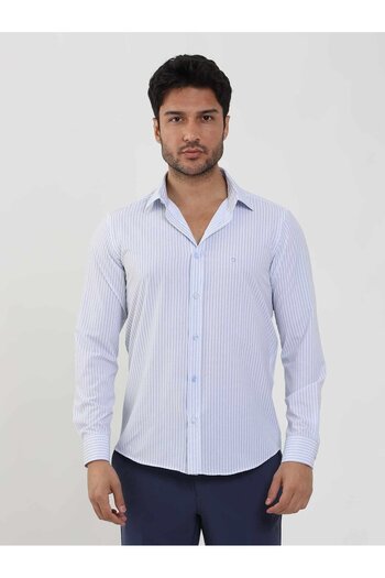 Dufy Синя чоловіча сорочка Slim Fit у смужку з ґудзиками на комірі та довгими рукавами