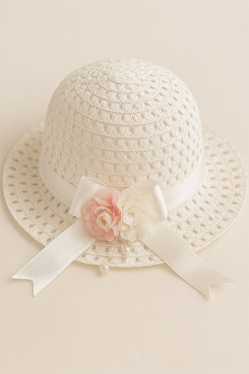 ESİLA KİDS Girls' Pink Bow Summer Straw Hat with Pearl and Bead Decoration 3-8 Years Old