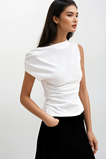 VAGGON Women's White Shoulder Tight Viscos Knitted Bluz Prmx14183