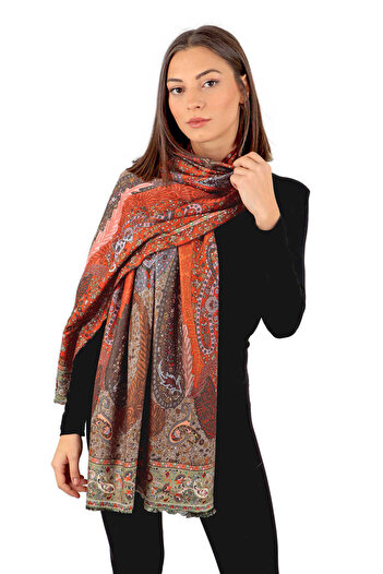 Bursa İpek Orange Shawl Pattern Winter Shawl