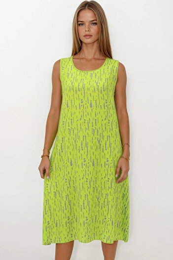 VAGGON Women's Peanut Green Patterned Double Pocket Sleeveless Relaxed Cut Dress Vs00269