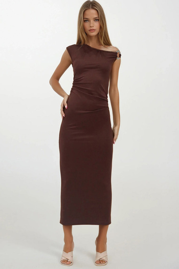 VAGGON Women's Brown Asymmetrical Collar Ring Detail Gathered Side Midi Length Dress Vs00248