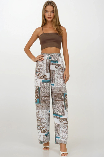 VAGGON Women's Brown Elastic Waist Linen Palazzo Patterned Trousers Vs00219