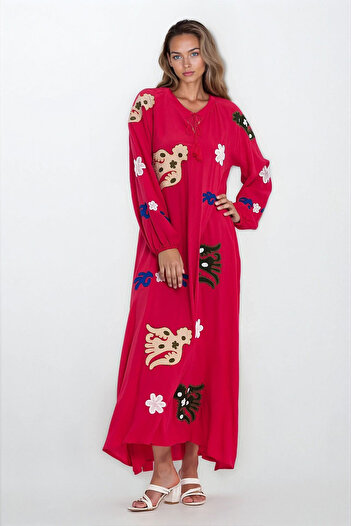 VAGGON Women's Fuchsia Judge Collar Lace-Up Sleeves Elastic Patterned Plus Size Dress Vs00317