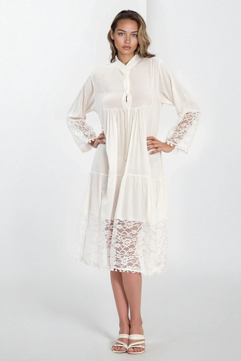 VAGGON Women's White Judge Collar Button Front Lace Viscose Dress Vs00337