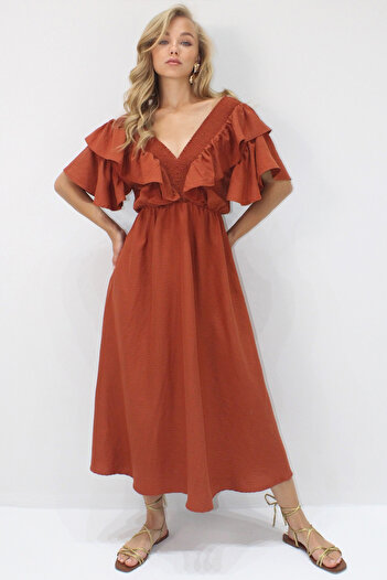 VAGGON Women's Tile Collar Gipeli and Flounced Waist Midiboy Woven Dress Vgn-X8559