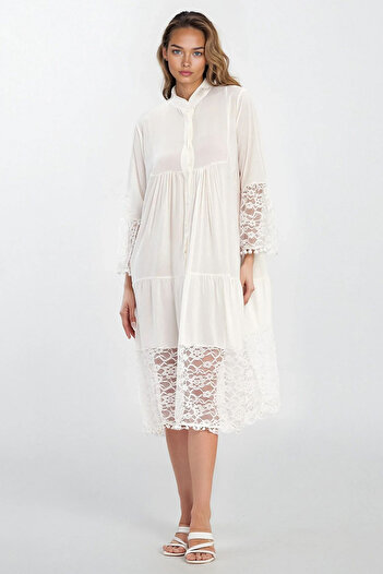 VAGGON Women's White Judge Collar Button Front Lace Viscose Dress Vs00337