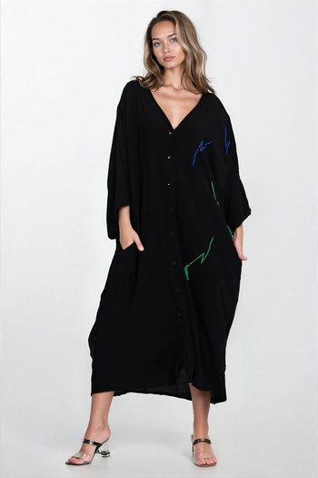 VAGGON Women's Black Printed Asymmetrical Cut Plus Size Shirt Dress Vs00336