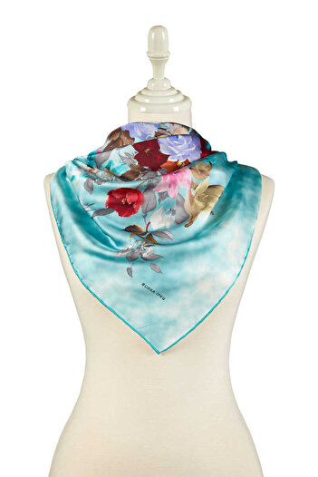 Bursa İpek Turquoise Bouquet Pattern Silky Scarf