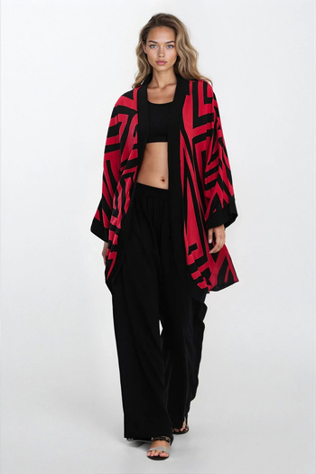 VAGGON Women's Red Double Pocket Elastic Waist Pants and Kimono 2-Piece Suit Vs00294