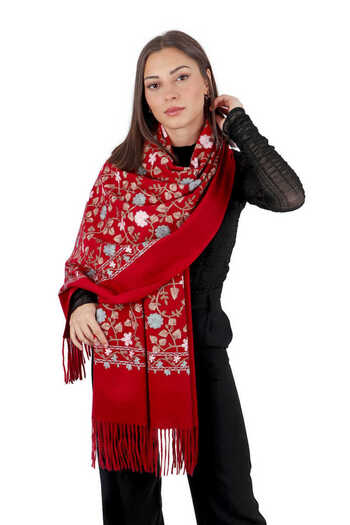 Bursa İpek Burgundy Embroidered Winter Shawl