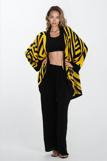 VAGGON Women's Yellow Double Pocket Elastic Waist Pants and Kimono 2-Piece Suit Vs00294