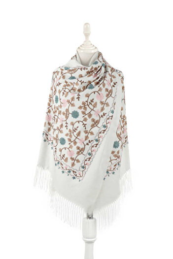 Bursa İpek Cream Embroidered Winter Shawl
