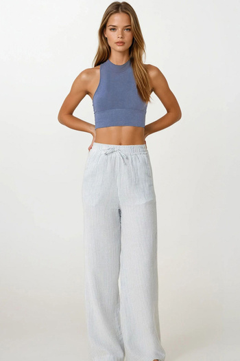 VAGGON Women's Blue Double Pocket Striped Muslin Palazzo Pants Vs00197
