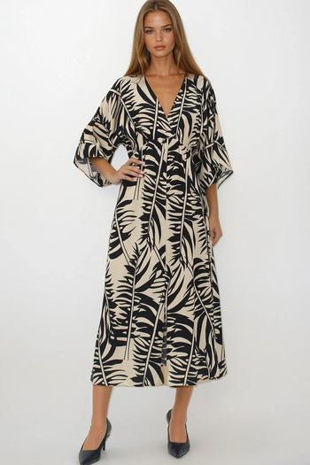 VAGGON Women's Black-Beige Double Breasted Collar Woven Viscose Slit Patterned Dress Vs00214