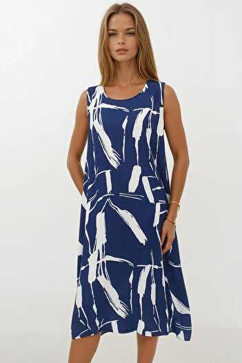 VAGGON Women's Dark Blue Patterned Double Pocket Sleeveless Relaxed Cut Dress Vs00269