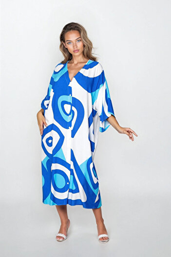 VAGGON Women's Blue Front Button Double Pocket Plus Size Viscose Dress Vs00316