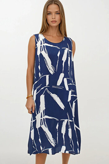 VAGGON Women's Dark Blue Patterned Double Pocket Sleeveless Relaxed Cut Dress Vs00269