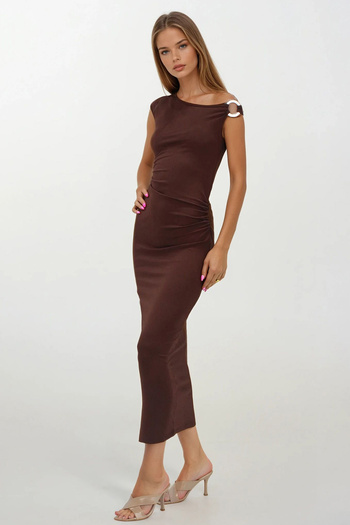 VAGGON Women's Brown Asymmetrical Collar Ring Detail Gathered Side Midi Length Dress Vs00248