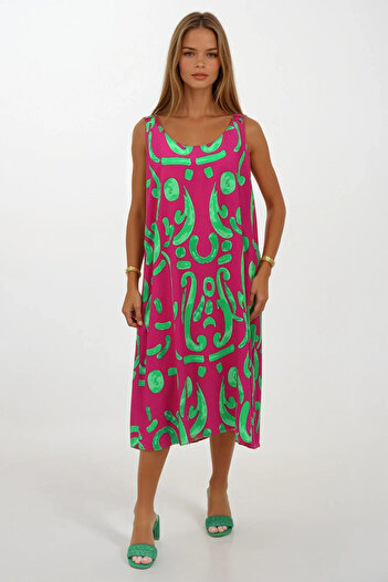 VAGGON Women's Green Elasticated Shoulders Sleeveless Relaxed Cutout Pattern Dress Vs00270