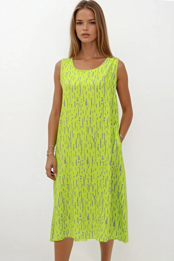 VAGGON Women's Peanut Green Patterned Double Pocket Sleeveless Relaxed Cut Dress Vs00269
