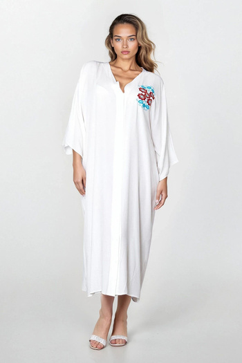 VAGGON Women's White Button Front Embroidered Plus Size Viscose Dress Vs00312