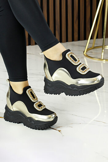 Erkan Saçmacı Almendra Gold Stretch Stone Hidden Wedge Heeled Casual Shoes