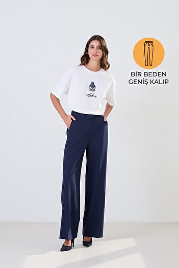 Setre Navy Blue Waist Detailed Pocketed Relaxed Fit Wide Fit Trousers