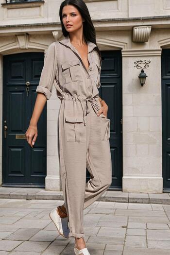 NEW LAVİVA Stone Shirt Collar, Pocket Detail, Lace up Waist, Safari Jumpsuit