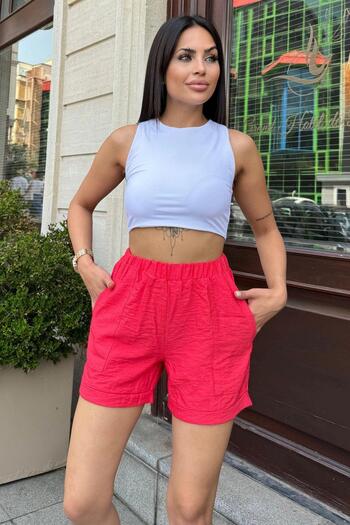 NEW LAVİVA Red Linen Shorts - Women's, Pockets, Double Legs, Elastic Waist