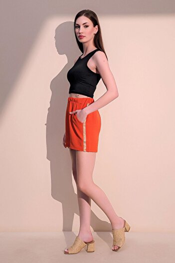 NEW LAVİVA Women's Orange Modern Style Straw Detail Quality Fabric Elastic Waist Airobin Shorts