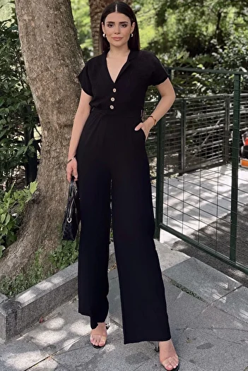 NEW LAVİVA Black Short Sleeve, Linen/Airobin Fabric, Comfortable Fit, Pocket, Half Placket, Belt/Sash Jumpsuit